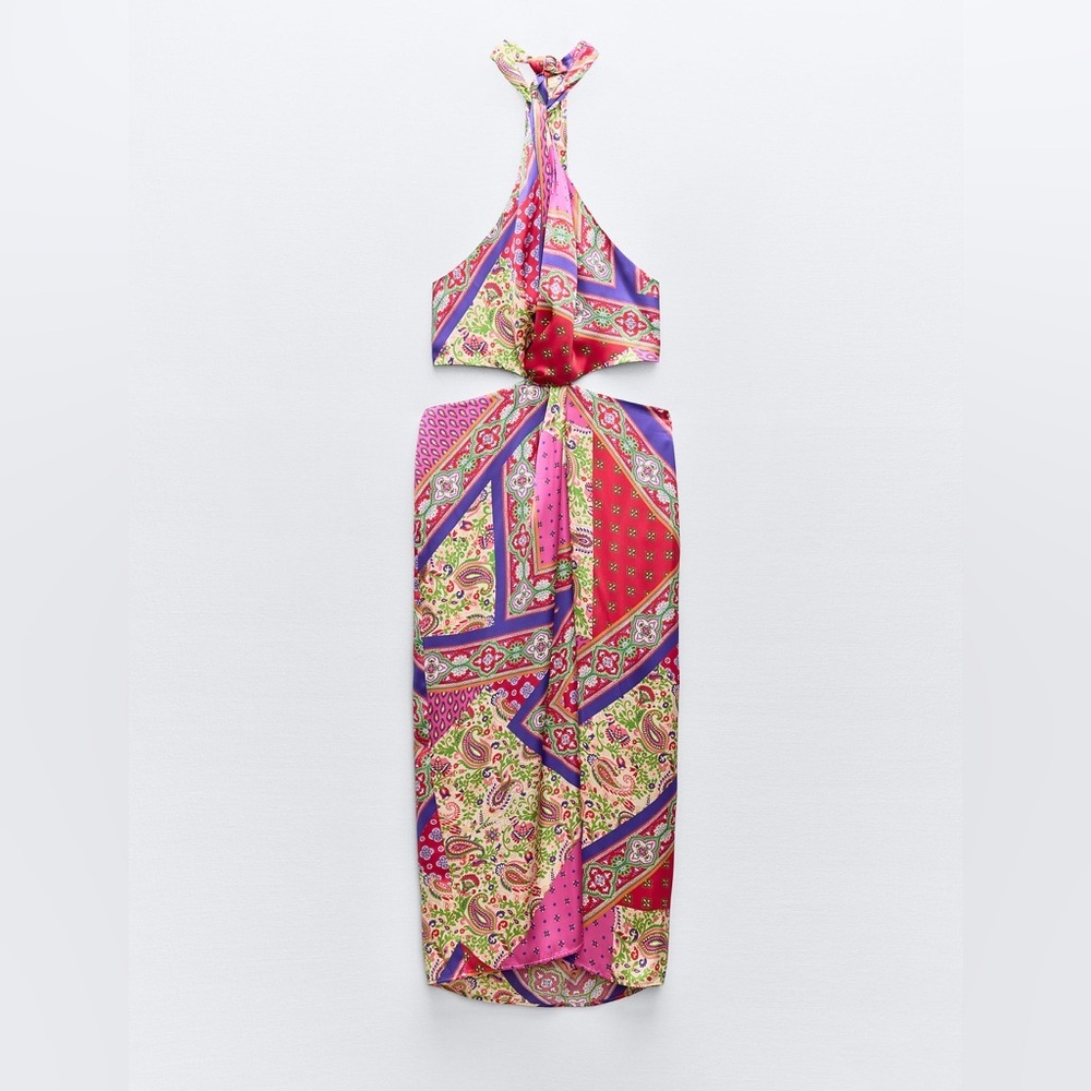 Zara New Patchwork Print Halter Midi Dress